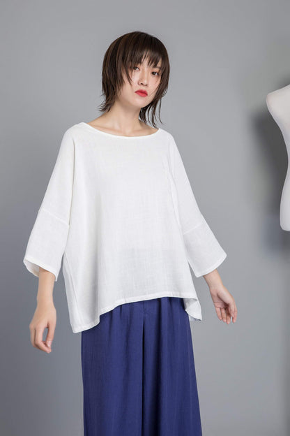 white linen blouse, women blouse with sleeve, loose & casual linen blouse, white linen top for summer - plus size blouse for lady C1270