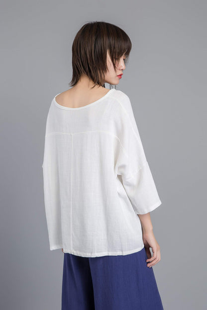 white linen blouse, women blouse with sleeve, loose & casual linen blouse, white linen top for summer - plus size blouse for lady C1270