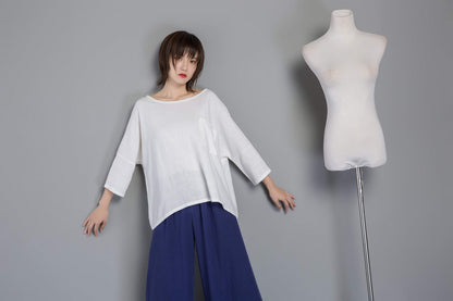white linen blouse, women blouse with sleeve, loose & casual linen blouse, white linen top for summer - plus size blouse for lady C1270