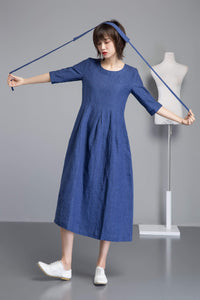 blue linen dress, long fit and flare linen dress for summer, midi sleeves dress for women, handmade fashion blue casual linen dress C1257