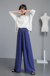 Blue linen pants, wide leg pants for elegant women, long blue linen pants for summer, custom plus size loose and casual pants C1266