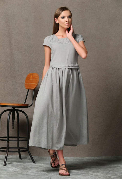 Gray Linen Dress, linen dress, long linen dress, woman dress, Short Sleeved dress, Loose linen dress, linen summer dress, casual dress C543