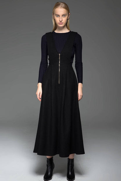 Black wool dress, Black pinafore dress, midi dress pockets, winter dress, womens long dress, zipper dress, pleated dress , custom dress C776