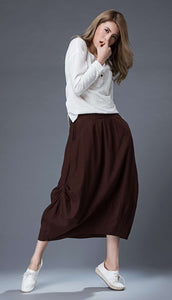 brown midi womens linen summer skirt C864