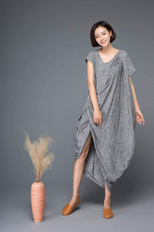 Linen dress, maxi dress, gray dress, asymmetrical dress, summer linen dress, summer dress, womens dress, loose dress, custom dress  C1147