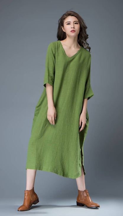 Green Linen dress, midi dress, womens dresses, plus size dress, summer dress, handmade dress, custom dress, dress with pockets C818