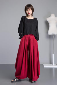 Red linen pants, long linen pants with pockets, handmade fashion wide leg pants, loose and casual pants for elegant women C1261
