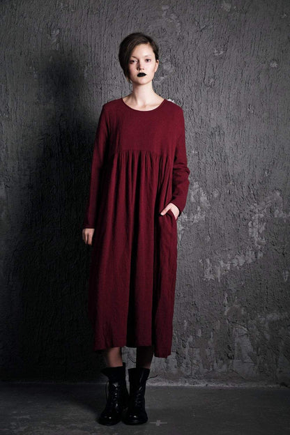 Red Linen Dress – Long Burgundy Loose-Fitting Long-Sleeved Designer Dress with Pockets Plus Size Clothing (C496)