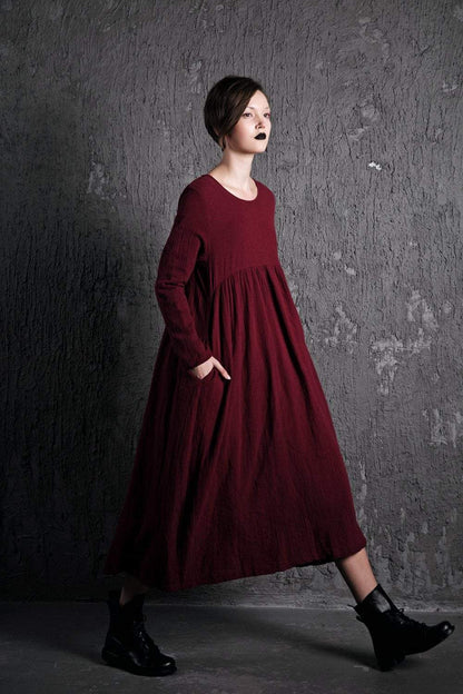 Red Linen Dress – Long Burgundy Loose-Fitting Long-Sleeved Designer Dress with Pockets Plus Size Clothing (C496)