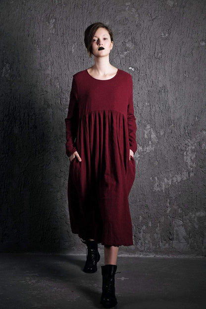 Red Linen Dress – Long Burgundy Loose-Fitting Long-Sleeved Designer Dress with Pockets Plus Size Clothing (C496)
