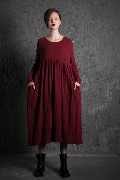 Red Linen Dress – Long Burgundy Loose-Fitting Long-Sleeved Designer Dress with Pockets Plus Size Clothing (C496)