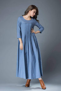 Linen dress for women, Maxi dress pockets, linen dress, long linen dress, womens dresses, loose linen dress, pleated dress, blue dress C811