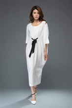 Load image into Gallery viewer, White Linen Dress - Loose-Fitting Casual or Smart Women&#39;s Designer Dress with Black Ribbon Tie &amp; Batwing Sleeves C913
