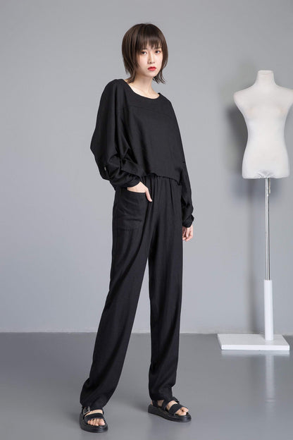 black long linen pants with pocket C1263