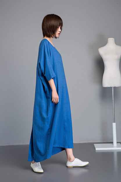 Blue linen dress, Plus size linen dress, linen dress, long sleeve dress, long linen dress, loose linen dress, summer linen dress  C1236