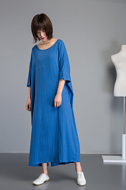 Blue linen dress, Plus size linen dress, linen dress, long sleeve dress, long linen dress, loose linen dress, summer linen dress  C1236