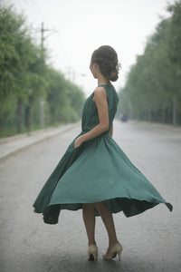 Maxi Summer Dress - Emerald Green Long Sleeveless Fit & Flare Dress with Drawstring Waist (C152)