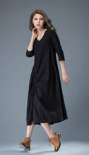 Load image into Gallery viewer, Black Linen Dress - Casual Everyday Comfortable Loose-Fitting Contemporary Mid-Length Woman&#39;s Handmade Dress C838
