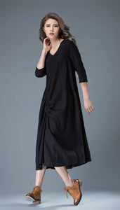 Black Linen Dress - Casual Everyday Comfortable Loose-Fitting Contemporary Mid-Length Woman's Handmade Dress C838
