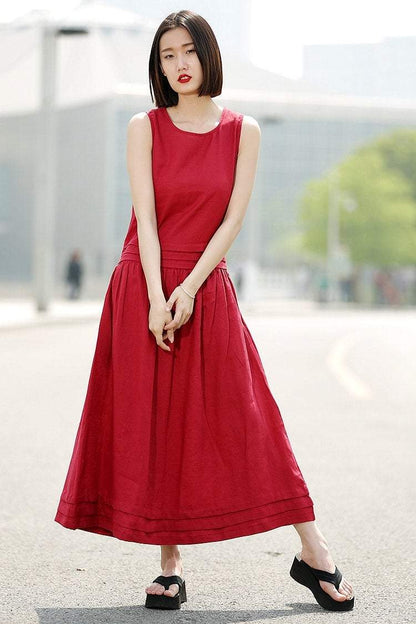 Maxi Red Dress - Linen Sleeveless Cool Comfortable Casual Loose-Fitting Summer Women's Dress with Pintuck Details and Pockets C349