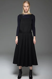 Black Dress, wool dress, Pinafore Wool Modern loose casual  Midi Length Flared Skirt & Braces Straps Dress 2016 Fashion Season C777