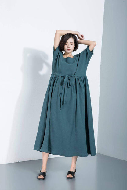 Green linen dress, loose linen dress, long linen dress, maxi linen dress, full length dress, drawstring dress, Plus size dress C1111