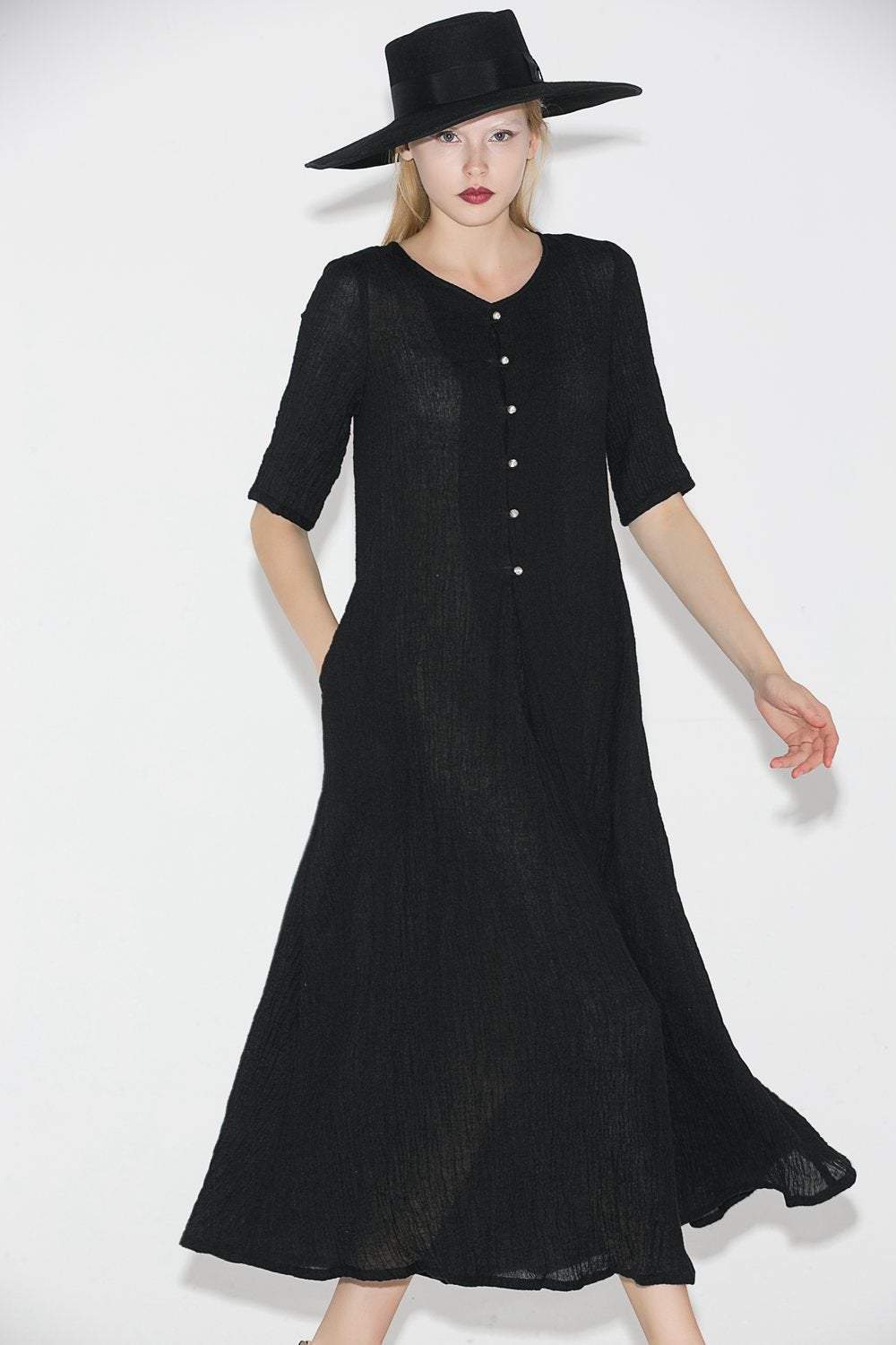 Black Linen Dress - Elegant Long Shirt-Style Loose-Fitted Comfortable Everyday Handmade Dress with Half Sleeves C689