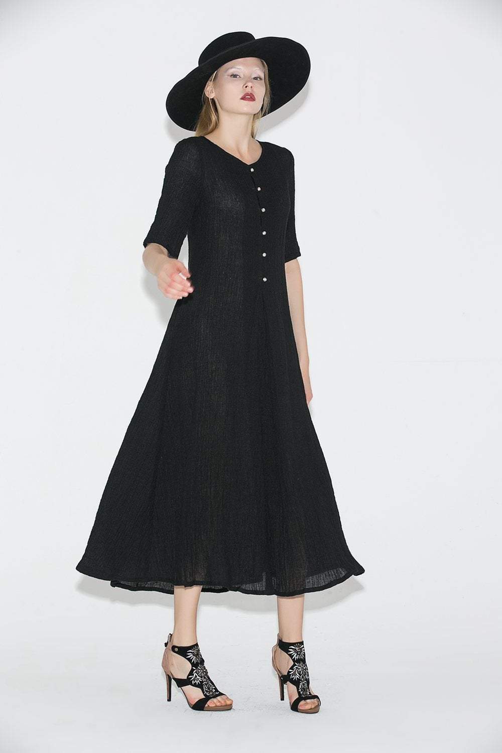 Black Linen Dress - Elegant Long Shirt-Style Loose-Fitted Comfortable Everyday Handmade Dress with Half Sleeves C689