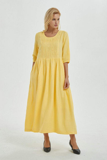 Yellow linen dress, linen dress, maxi dress, causal dress, pleated dress, Long linen dress, women dress, causal dress, pleated dress C1271