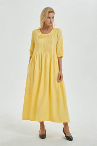 Yellow linen dress, linen dress, maxi dress, causal dress, pleated dress, Long linen dress, women dress, causal dress, pleated dress C1271
