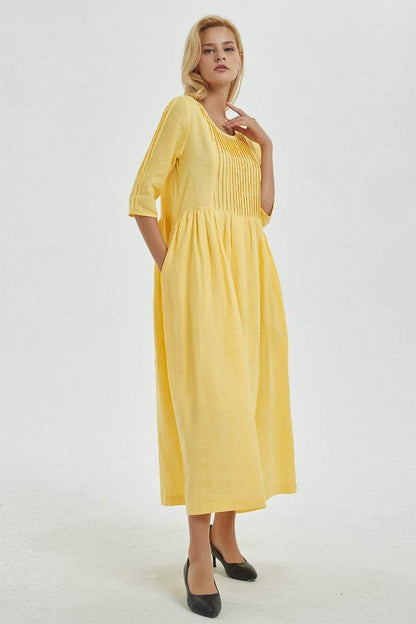 Yellow linen dress, linen dress, maxi dress, causal dress, pleated dress, Long linen dress, women dress, causal dress, pleated dress C1271
