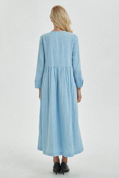 blue pleated dress, blue linen dress with pockets & buttons, long sleeve dress with pleated - Long linen shirt dress for women C1273