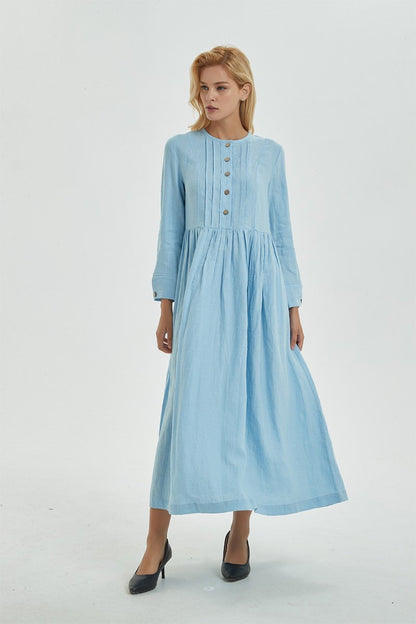 blue pleated dress, blue linen dress with pockets & buttons, long sleeve dress with pleated - Long linen shirt dress for women C1273