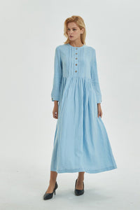 blue pleated dress, blue linen dress with pockets & buttons, long sleeve dress with pleated - Long linen shirt dress for women C1273