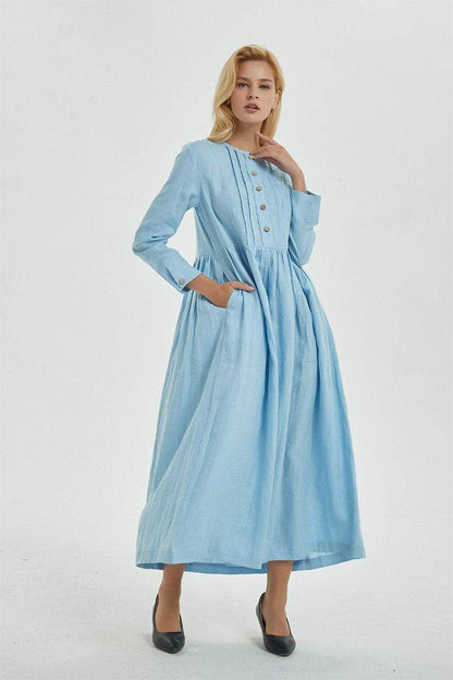 blue pleated dress, blue linen dress with pockets & buttons, long sleeve dress with pleated - Long linen shirt dress for women C1273