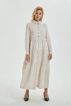 Load image into Gallery viewer, Beige linen dress with pockets, long dress with classic shirt collar &amp; long sleeves, loose and casual dress, maxi retro dress for her C1274
