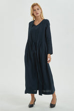 Load image into Gallery viewer, Navy linen dress, linen wrap dress for women - maxi dress with sleeves and pockets, long linen dress for women, V neck dress for lady C1275
