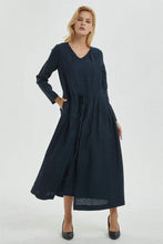 Load image into Gallery viewer, Navy linen dress, linen wrap dress for women - maxi dress with sleeves and pockets, long linen dress for women, V neck dress for lady C1275
