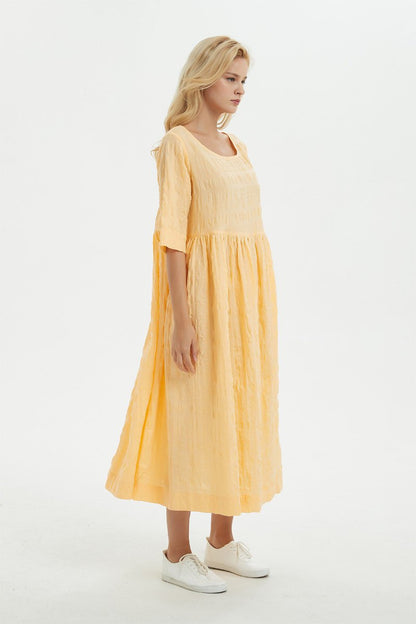 Yellow linen dress, midi womens dress for summer - dress for women, plus size linen dress with pockets, loose & casual pleated dress C1279