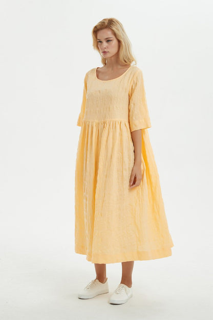 Yellow linen dress, midi womens dress for summer - dress for women, plus size linen dress with pockets, loose & casual pleated dress C1279