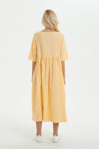 Yellow linen dress, midi womens dress for summer - dress for women, plus size linen dress with pockets, loose & casual pleated dress C1279