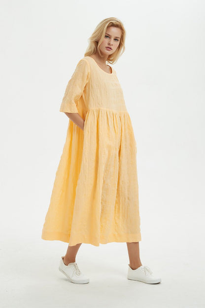 Yellow linen dress, midi womens dress for summer - dress for women, plus size linen dress with pockets, loose & casual pleated dress C1279