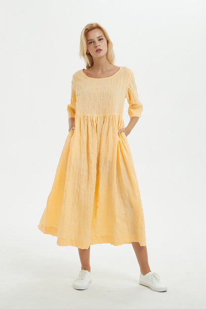 Yellow linen dress, midi womens dress for summer - dress for women, plus size linen dress with pockets, loose & casual pleated dress C1279