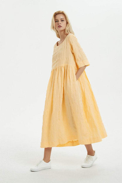 Yellow linen dress, midi womens dress for summer - dress for women, plus size linen dress with pockets, loose & casual pleated dress C1279