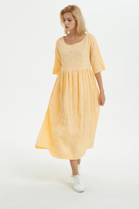 Yellow linen dress, midi womens dress for summer - dress for women, plus size linen dress with pockets, loose & casual pleated dress C1279