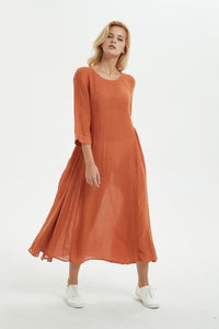 orange dress for summer -  women dress with pockets- loose & casual dress, midi sleeve dress - maxi linen dress, gift for her C1276