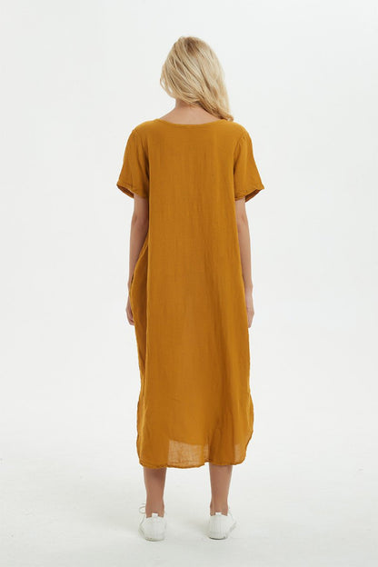 yellow Linen dress, long asymmetrical dress for women - loose and casual dress, custom plus size dress, fashion linen dress for her C1277