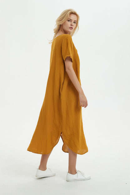 yellow Linen dress, long asymmetrical dress for women - loose and casual dress, custom plus size dress, fashion linen dress for her C1277