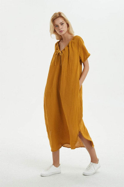 yellow Linen dress, long asymmetrical dress for women - loose and casual dress, custom plus size dress, fashion linen dress for her C1277