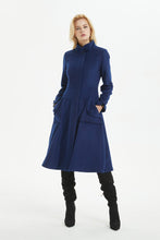 Load image into Gallery viewer, Blue coat, warm wool coat for winter, womens wool coat with pockets - custom midi fitted coat, elegant wool coat - best gift for her C1282
